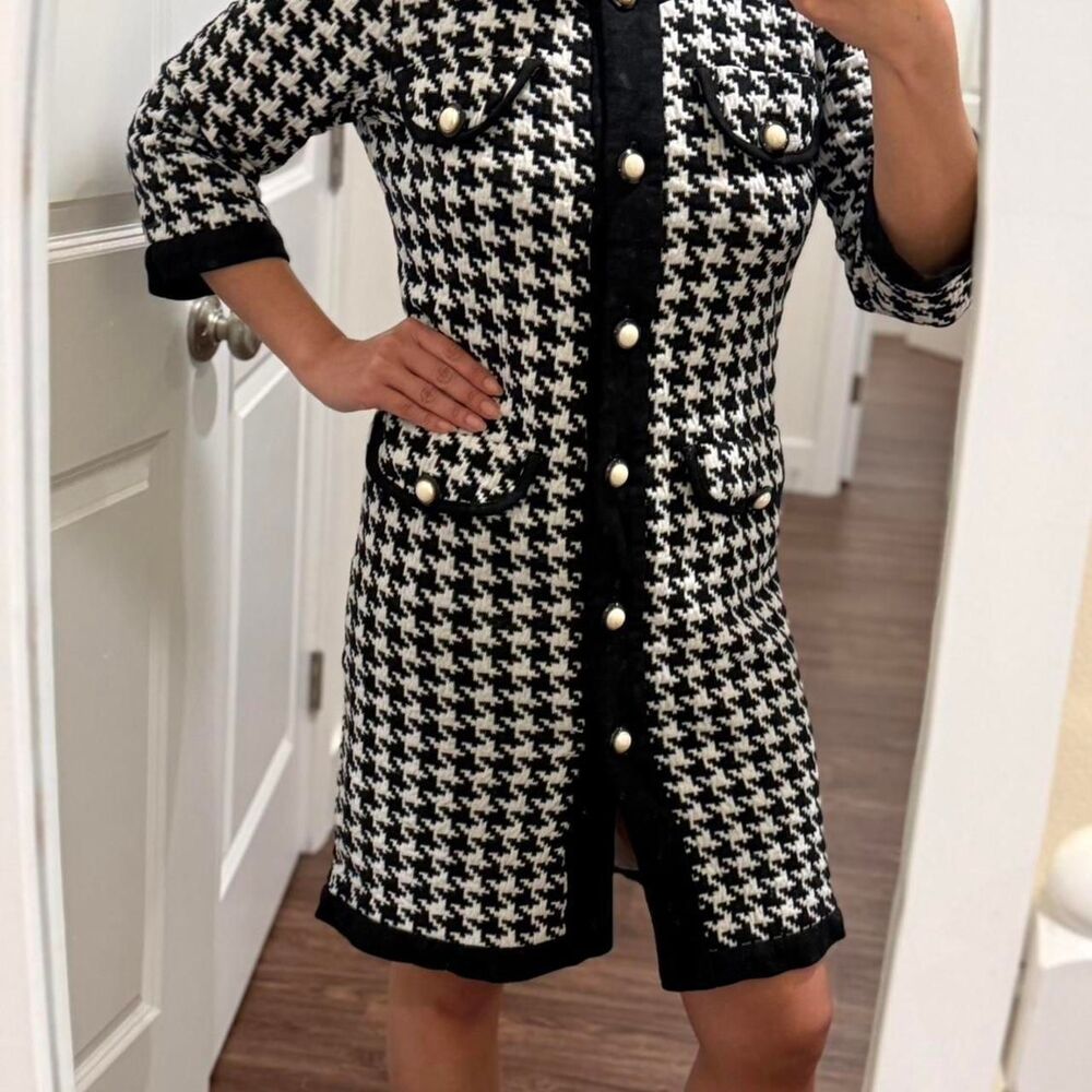 Vintage Women's Black and White Houndstooth Dress